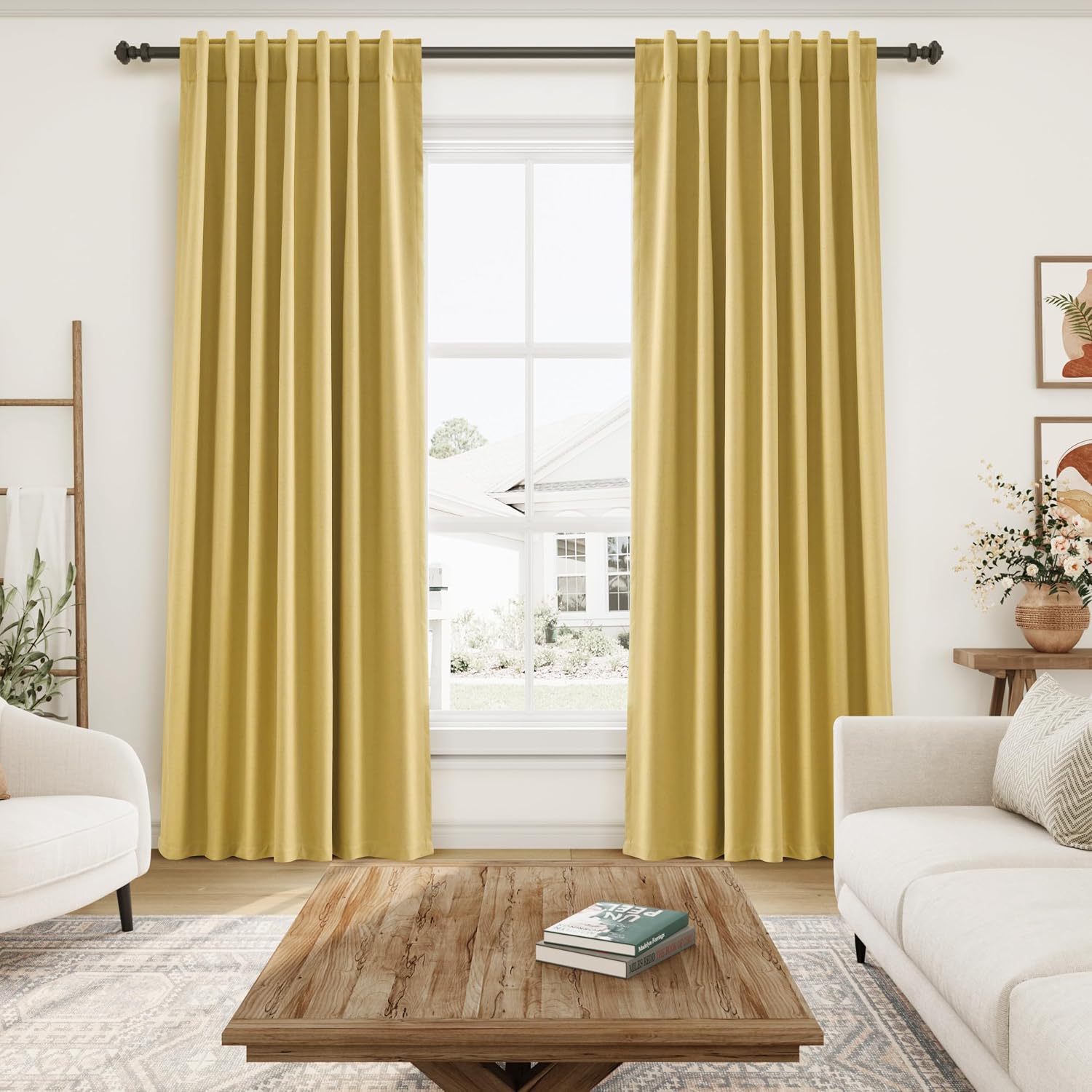 Nanspring Gold 100% Blackout Linen Curtains 84 Inch Length 2 Panels Set for Bedroom Back Tab Modern Farmhouse Decor Black Out Curtain for L…