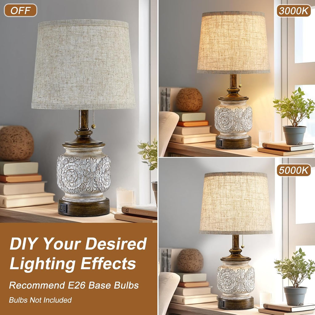 19.5" Farmhouse Bedside Table Lamps Set of 2 Rustic Lamps for Nightstand Bedroom with USB Ports Vintage Traditional White Carved Floral…