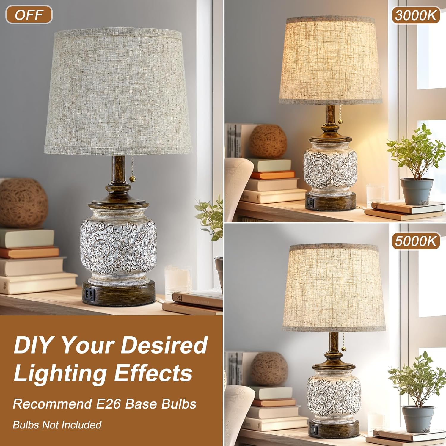 19.5" Farmhouse Bedside Table Lamps Set of 2 Rustic Lamps for Nightstand Bedroom with USB Ports Vintage Traditional White Carved Floral…