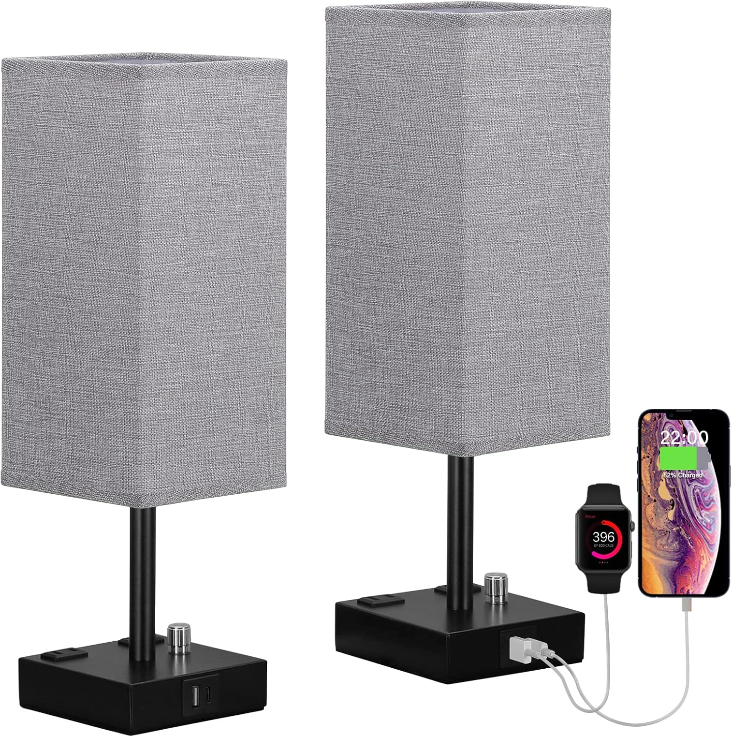 aooshine Gray Fully Dimmable Nightstand Lamps Set of 2 - Table Bedside Lamp with USB C+A Charging Ports & 2 AC Outlets, Square Lamp Sets…