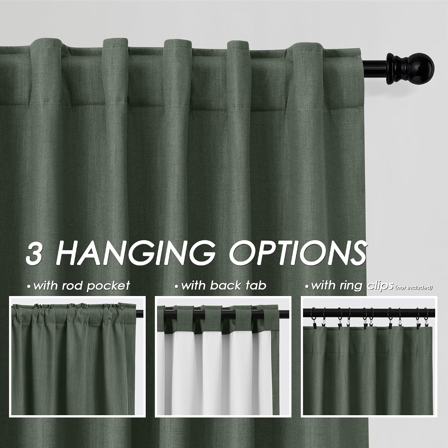 Nanspring Olive Green 100% Blackout Linen Curtains 108 Inches Long for Bedroom Back Tab Thermal Insulated Modern Farmhouse Decor Black Out…