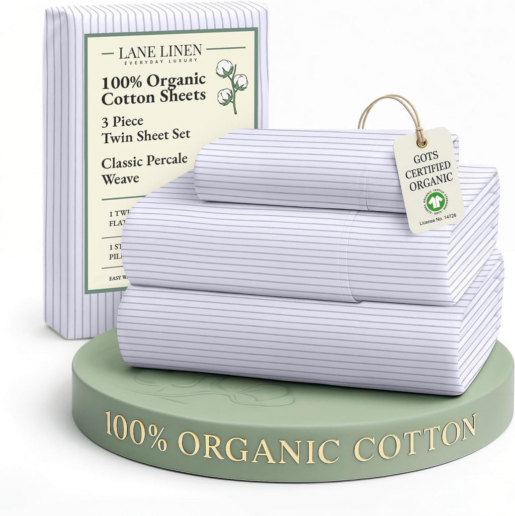 LaneLinen LANE LINEN 100% Organic Printed Cotton Sheets Twin Size, Classic Ticking Stripe Print (Available in Variety of Prints) Soft & Com…