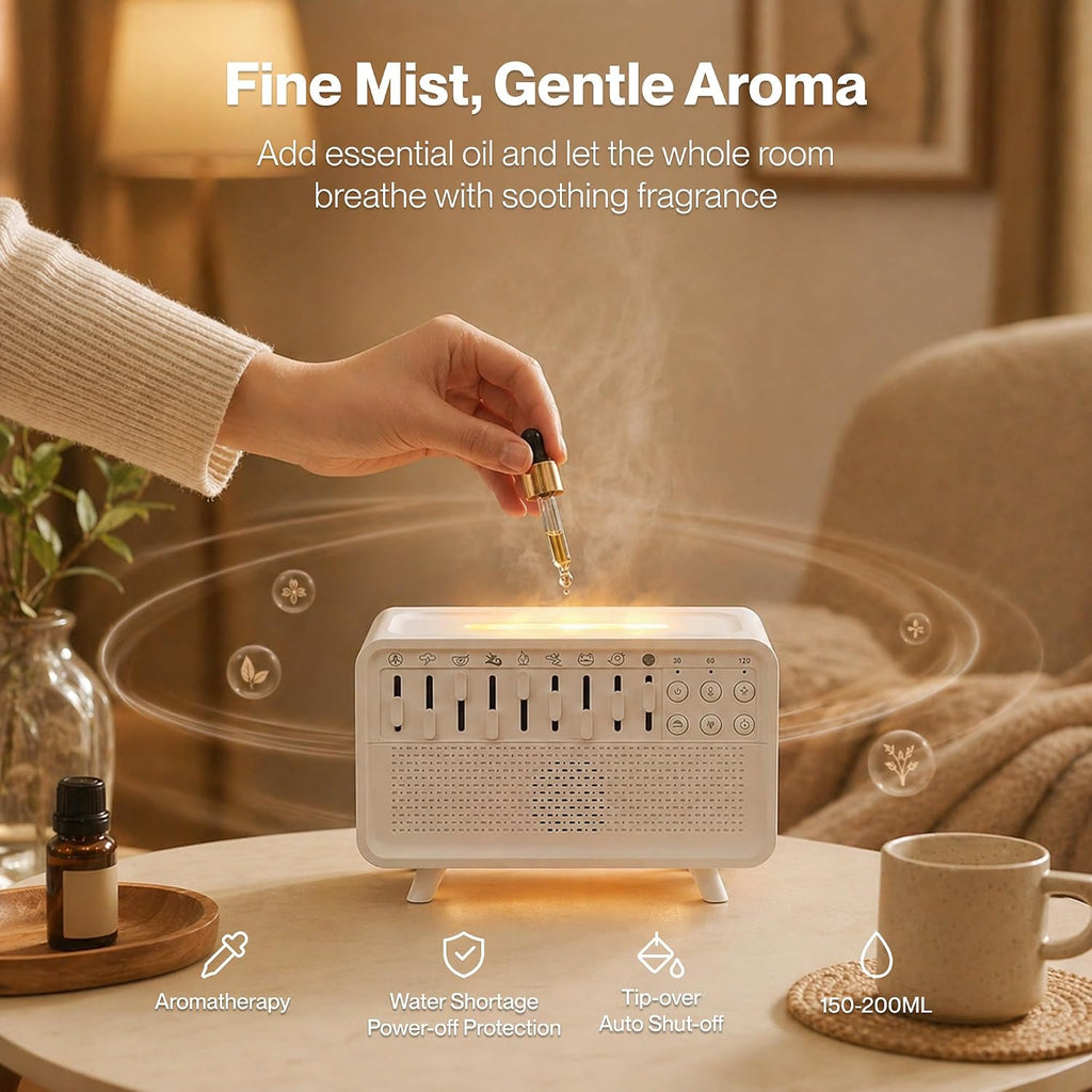 SLhoshipee White Noise Machine with 8 Mixable Nature Sounds, Flame Light & Aroma Diffuser – Desktop Sound Machine for Sleep, Office,…