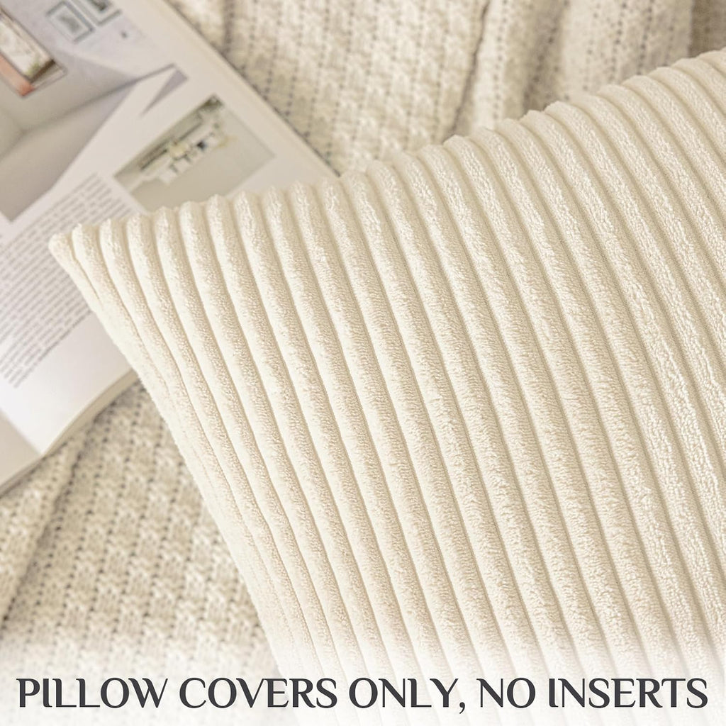 Softalker Throw Pillow Covers 18 x 18, Set of 2 - Cream Spring Decorative Soft Corduroy Striped Boho Beige Pillow Covers, White Cushion Pil…