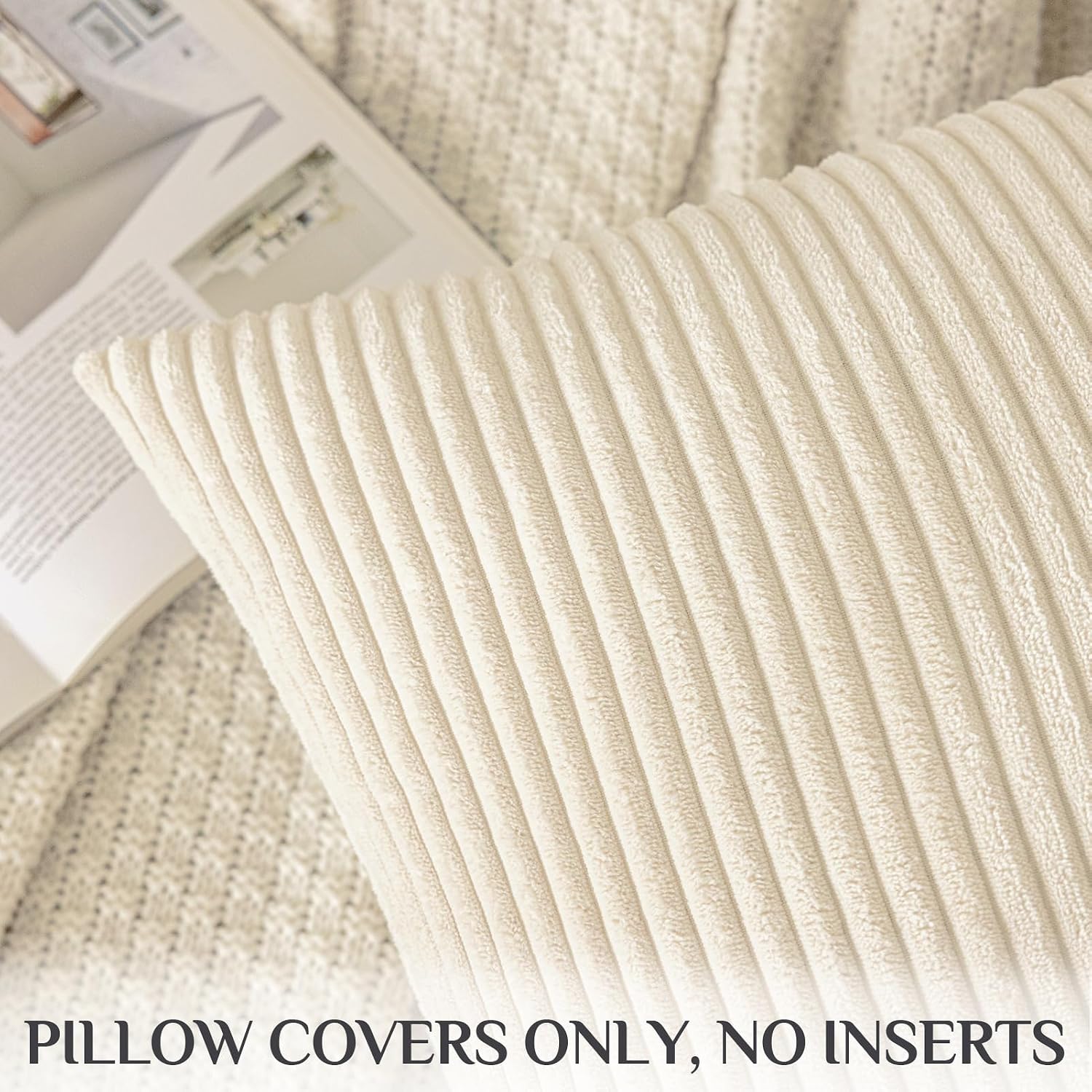 Softalker Throw Pillow Covers 18 x 18, Set of 2 - Cream Spring Decorative Soft Corduroy Striped Boho Beige Pillow Covers, White Cushion Pil…