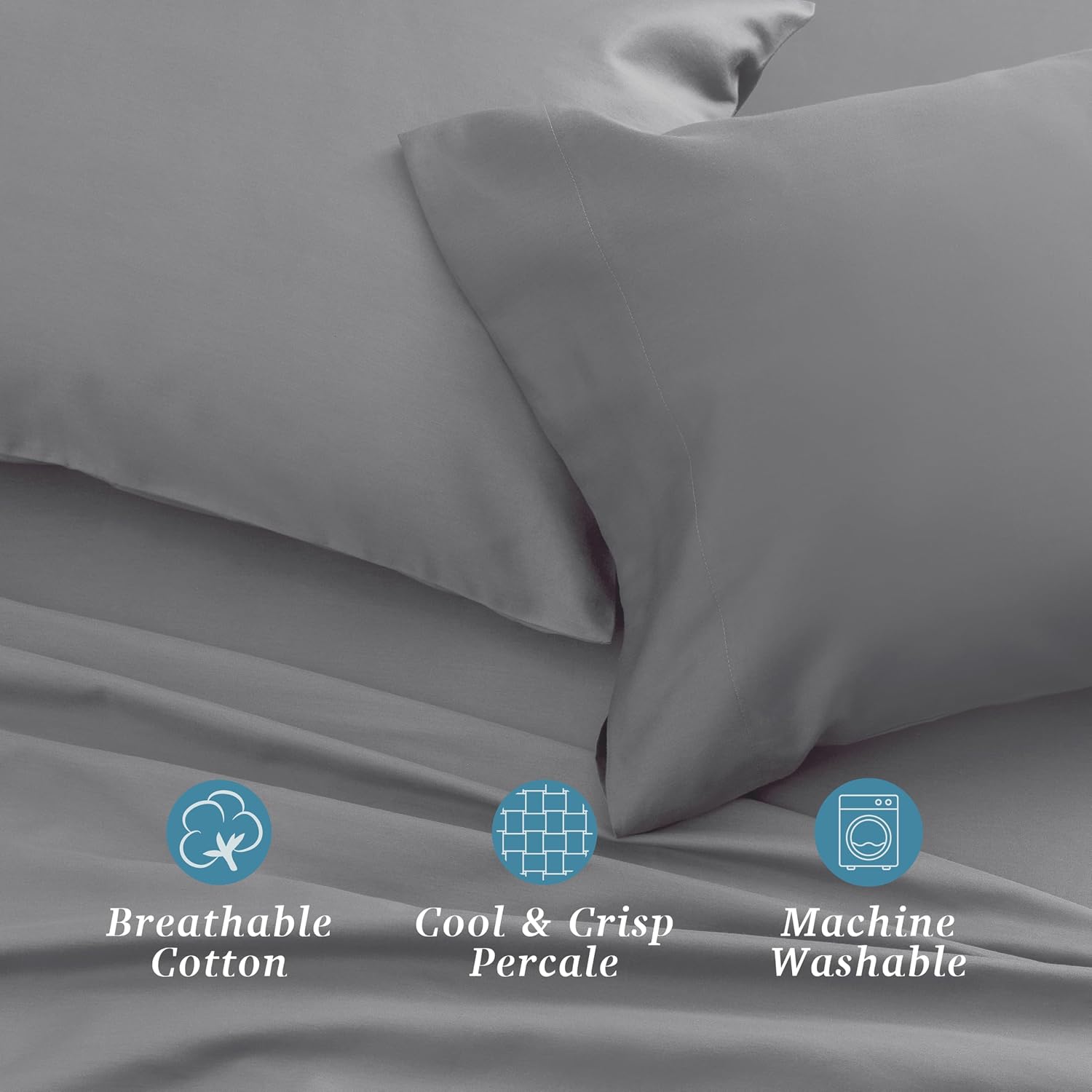 WelhomeByWelspun Welhome 100% Cotton Percale 4-Piece Queen Size Solid Bed Sheets Set, 1 Fitted, 1 Flat Sheet with 2 Pillowcases, Gray Cotto…