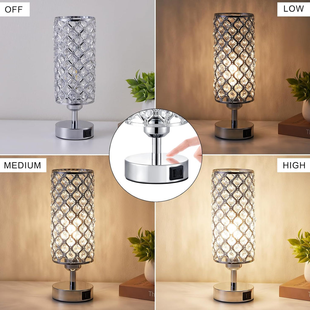 Crystal Touch Lamp with Touch Control, Sliver Table Lamp with USB-C+A Ports, 3 Way Dimmable Bedside Lamp Decorative Modern Nightstand…