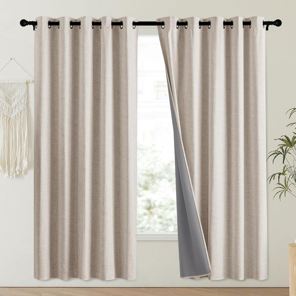 NICETOWN Oatmeal Vintage Open Linen Weave Flax Thermal Curtains, 100% Blackout Curtains 72" Long for Dining Room, Soundproof Window…