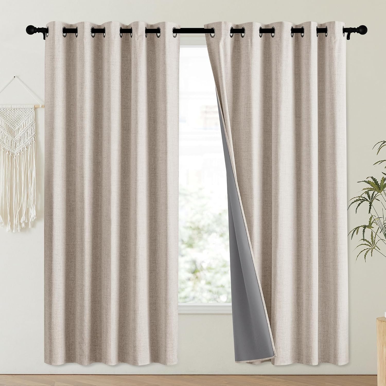 NICETOWN Oatmeal Vintage Open Linen Weave Flax Thermal Curtains, 100% Blackout Curtains 72" Long for Dining Room, Soundproof Window…