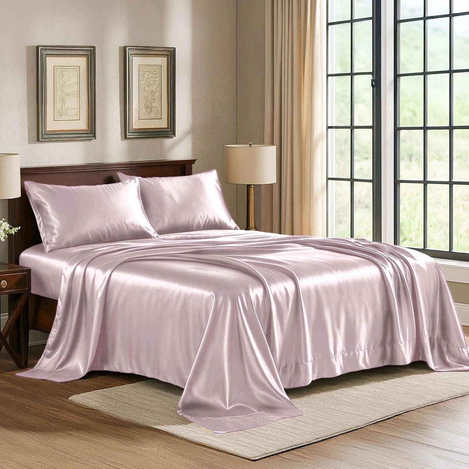 PureBedding Pure Bedding Satin Sheets Full [4-Piece, Champagne Pink] Hotel Luxury Silky Bed Sheets - Extra Soft 1800 Microfiber Sheet Set,…