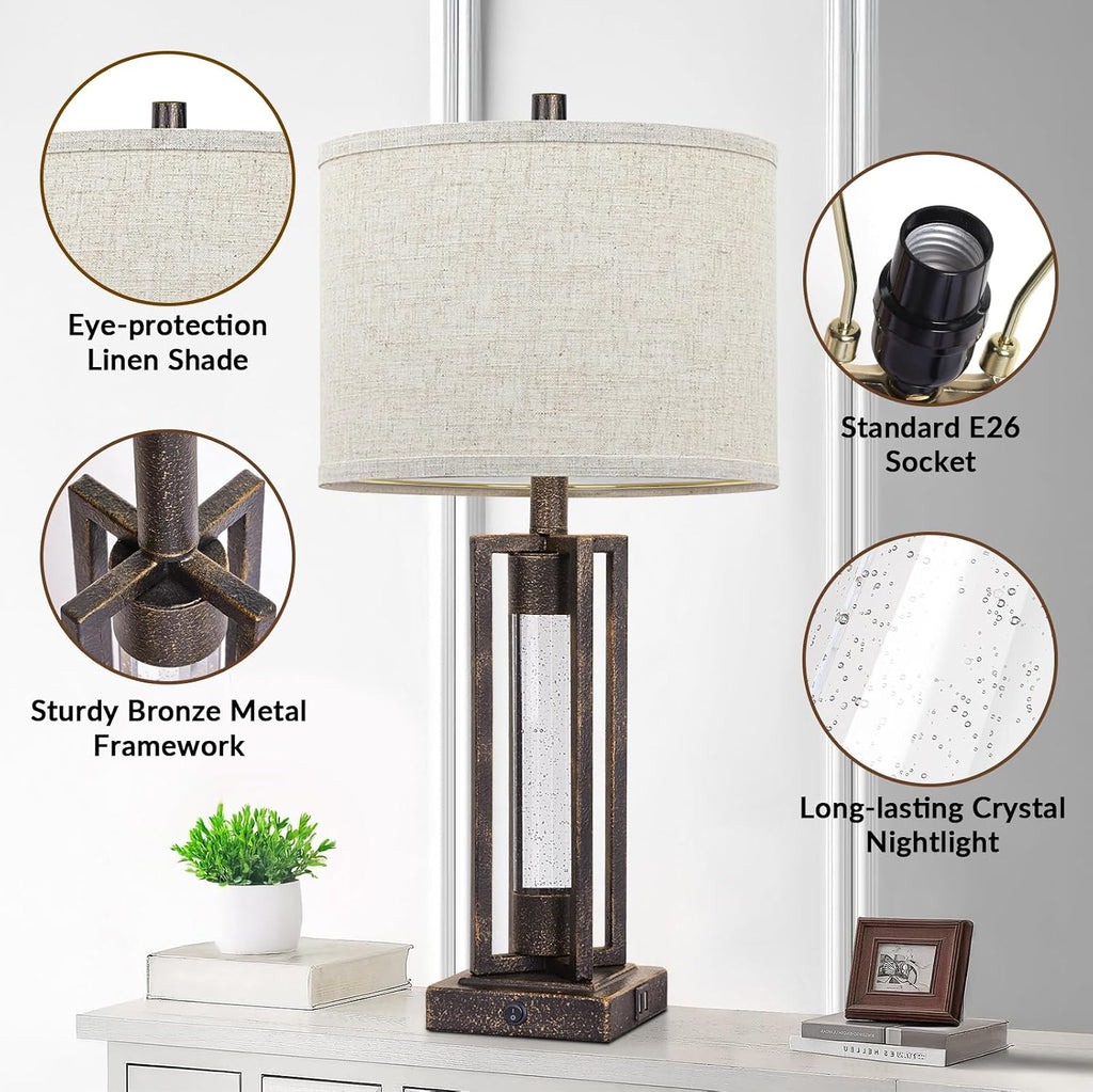 Tobusa 26’’ Vintage Table Lamps for Living Room Set of 2, Rustic Lamps for Bedroom with 2 USB Ports and Crystal Night Light, Farmhouse Beds…