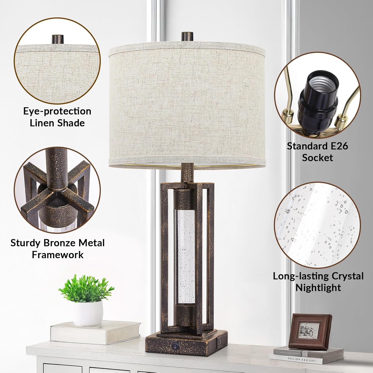 Tobusa 26’’ Vintage Table Lamps for Living Room Set of 2, Rustic Lamps for Bedroom with 2 USB Ports and Crystal Night Light, Farmhouse Beds…