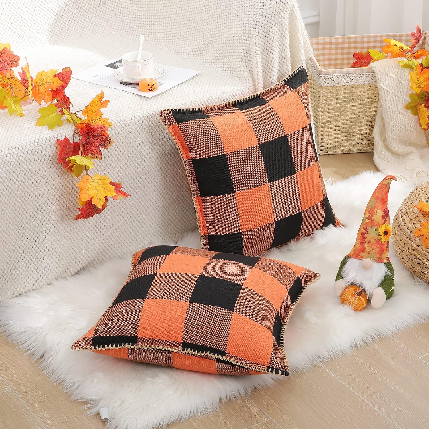 decorUhome Summer Buffalo Plaid Check Throw Pillow Covers 16x16 Set of 2 Outdoor Linen Decorative Farmhouse Gingham Pillow Covers with Stit…