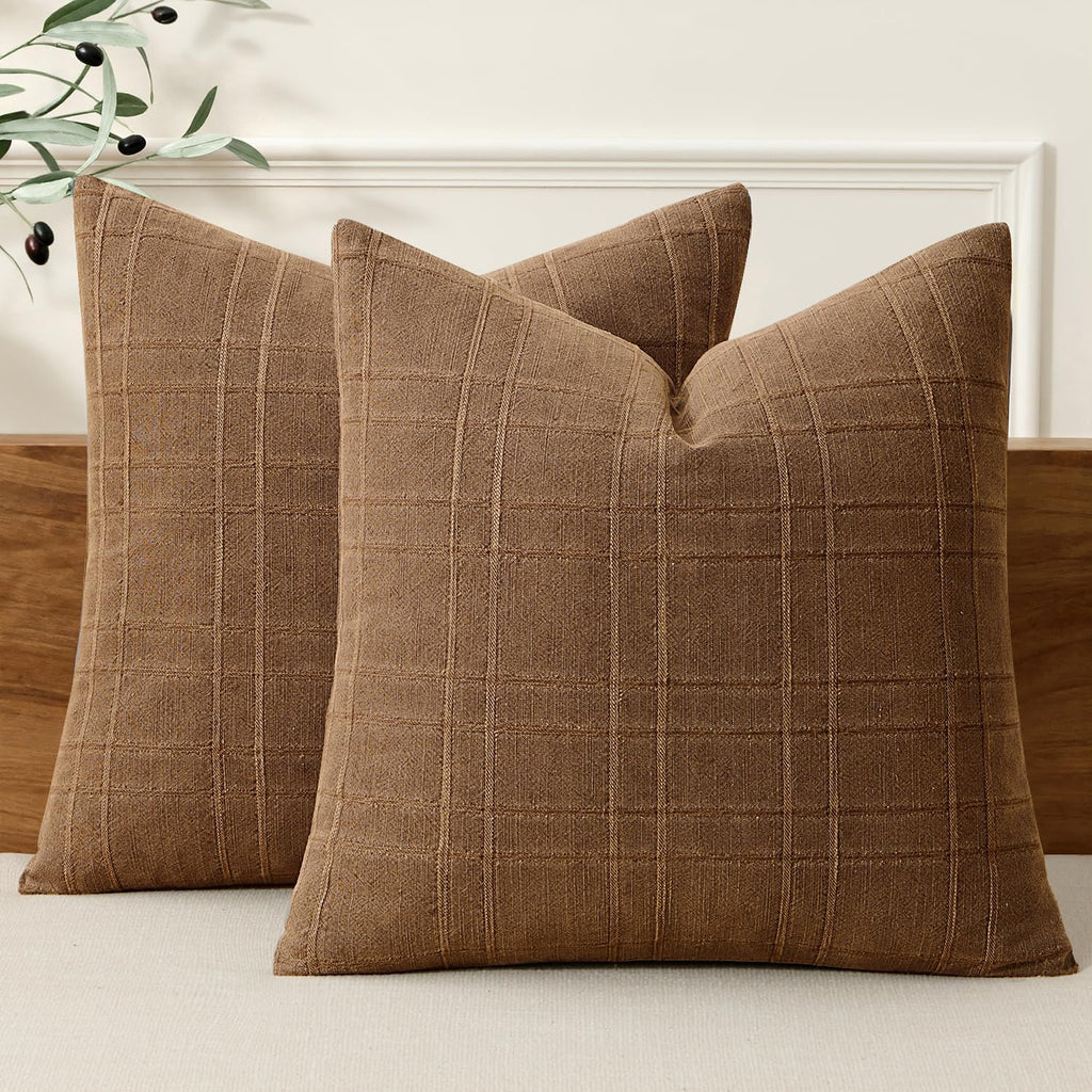 Miulee Decorative Linen Check Throw Pillow Covers Neutral Farmhouse Vintage Pillow Covers 18x18 Set of 2 Boho Modern Winter Home Decor for…