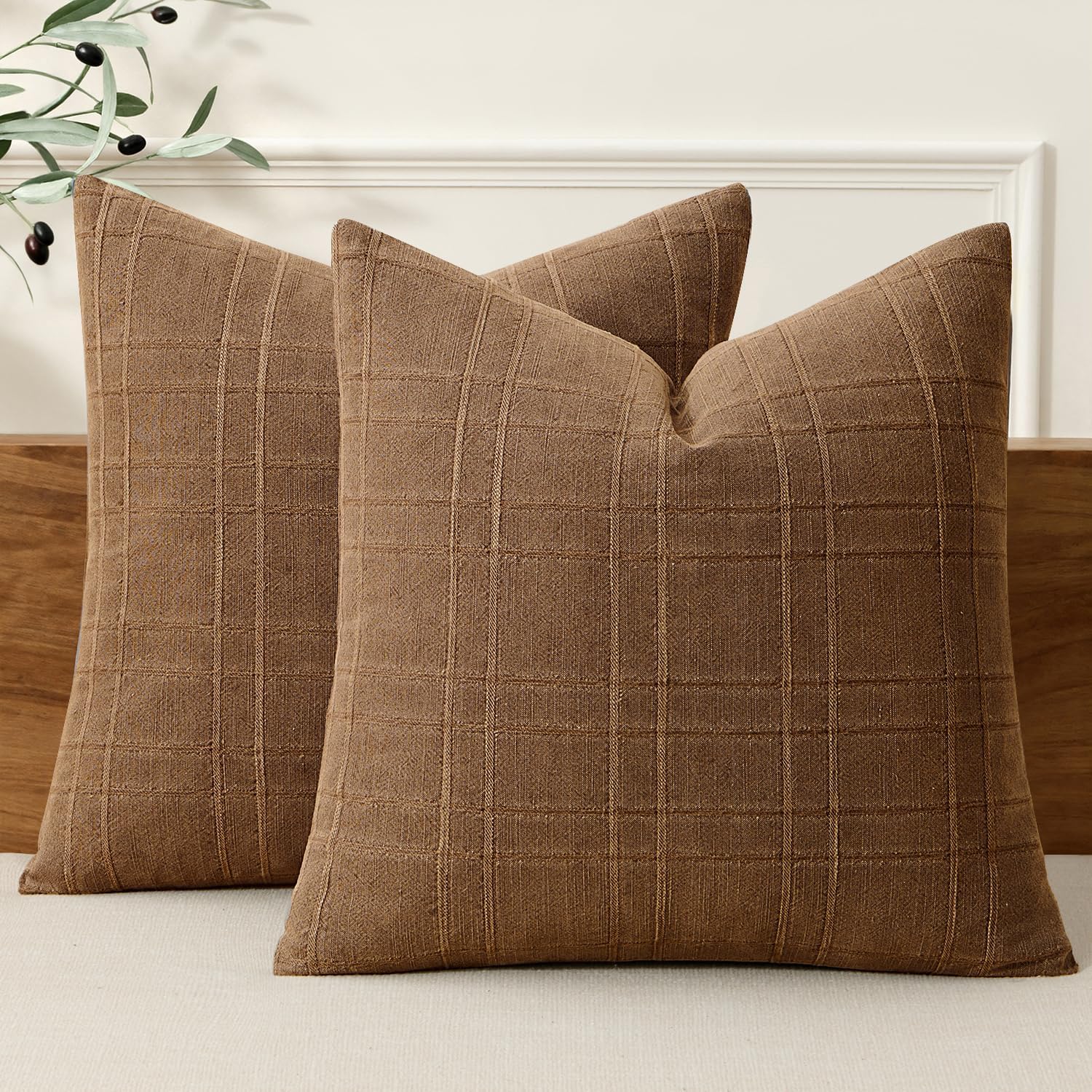 Miulee Decorative Linen Check Throw Pillow Covers Neutral Farmhouse Vintage Pillow Covers 18x18 Set of 2 Boho Modern Winter Home Decor for…
