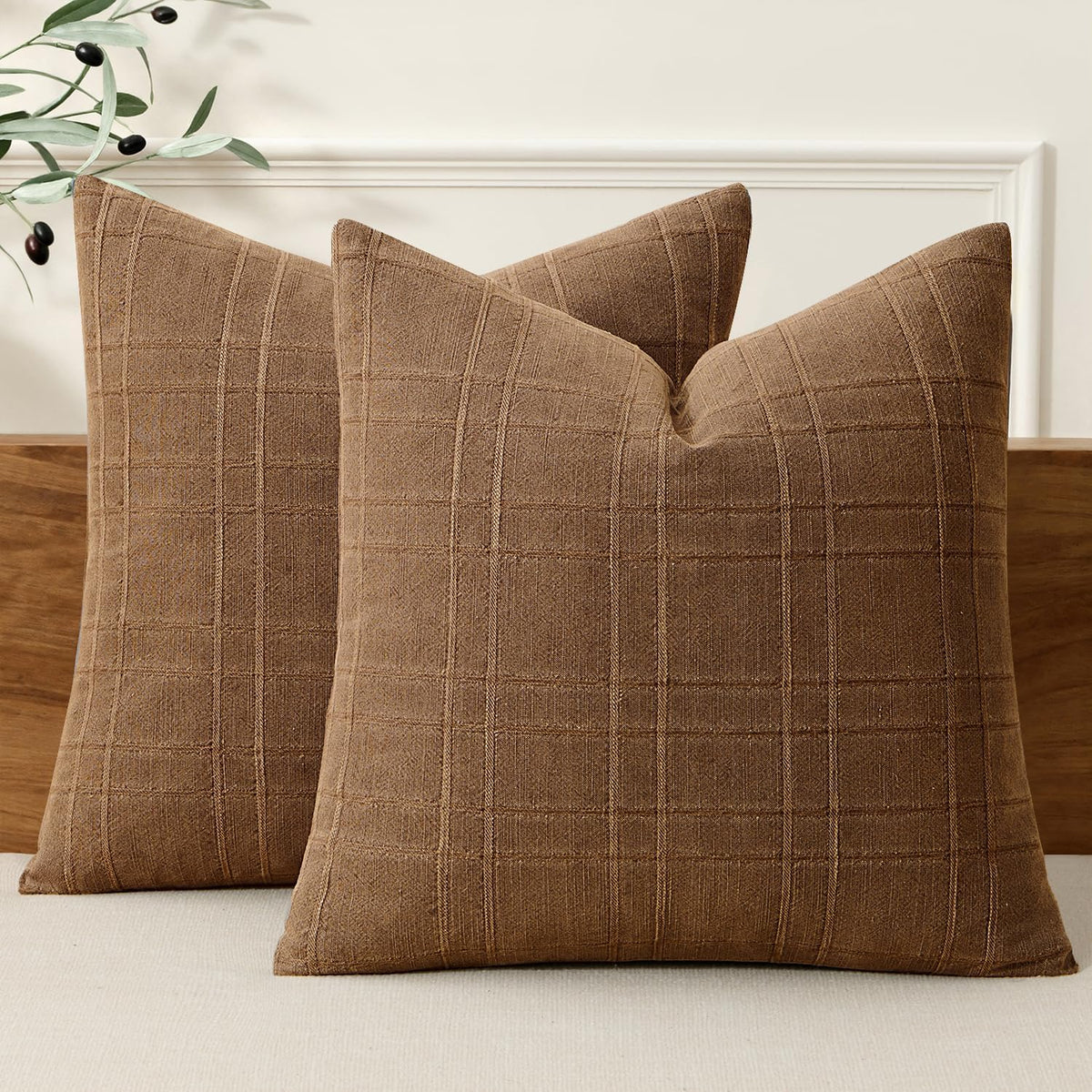 Miulee Decorative Linen Check Euro Shams Throw Pillow Covers Neutral Farmhouse Vintage Pillow Covers 24x24 Set of 2 Boho Modern Winter Home…
