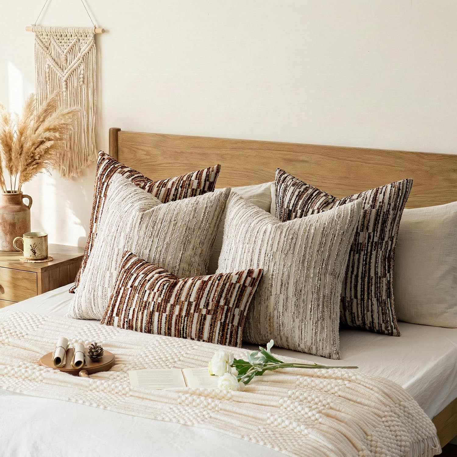 amoment a moment Boho Throw Pillow Covers Set of 2, Striped Decorative Rustic Farmhouse Pillow Cases, Aesthetic Modern Home Decor Couch Cushi…