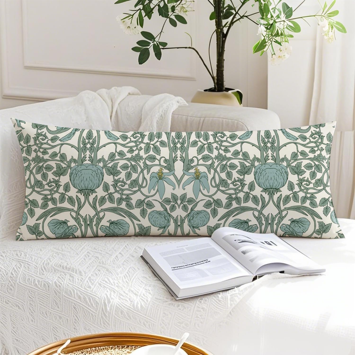 Vintage Green Floral 20x54 Body Pillow Cover, Cottagecore Room Decor, Retro Green Flowers Botanical Art Nouveau Decorative Long Body…