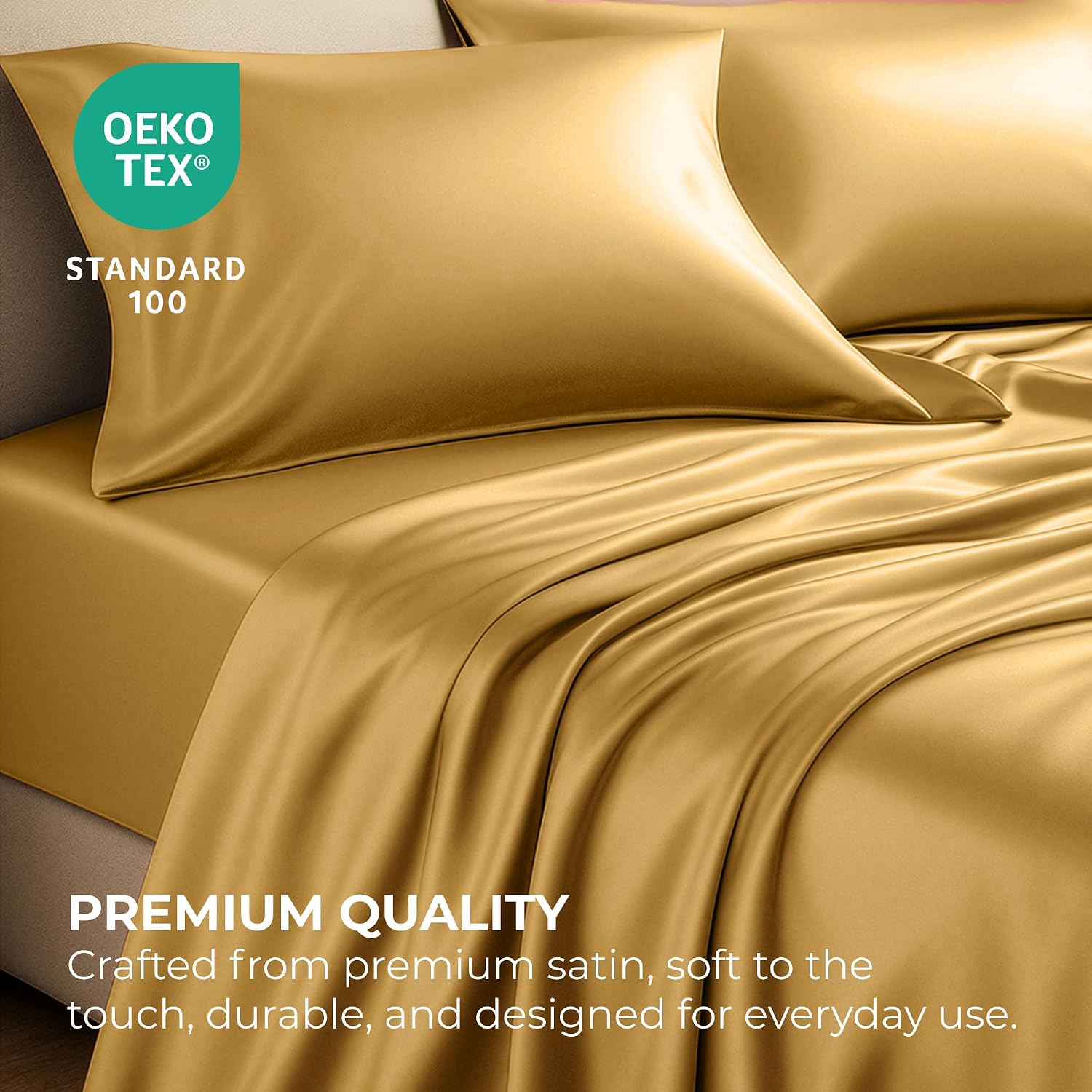 PureBedding Satin Sheets California King [4-Piece, Gold] Luxury Silky Bed Sheets - Extra Soft 1800 Microfiber Sheet Set, Wrinkle, Fade, Sta…
