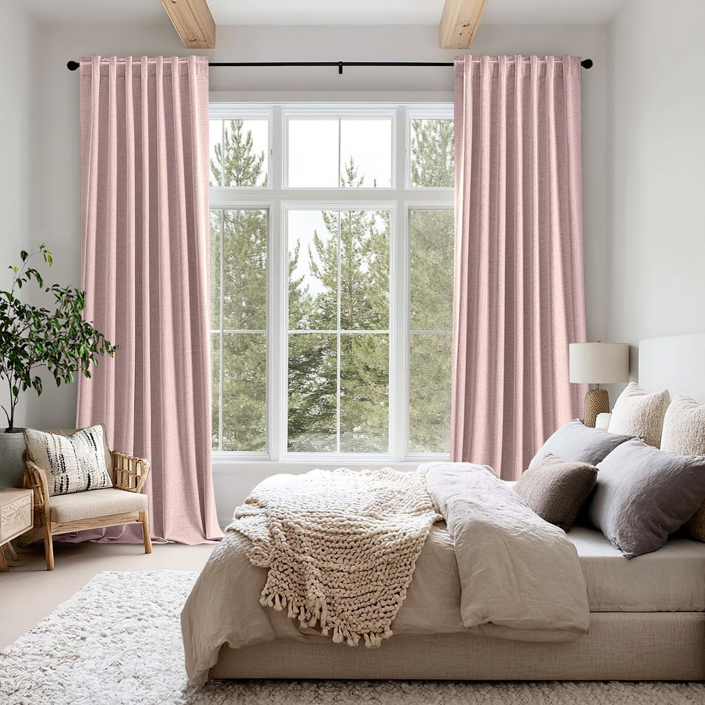 Miulee 100% Blackout Linen Curtains for Bedroom, Pink Solid Luxury Decor Thermal Insulation Room Darkening Drapes for Living Room Nursery B…