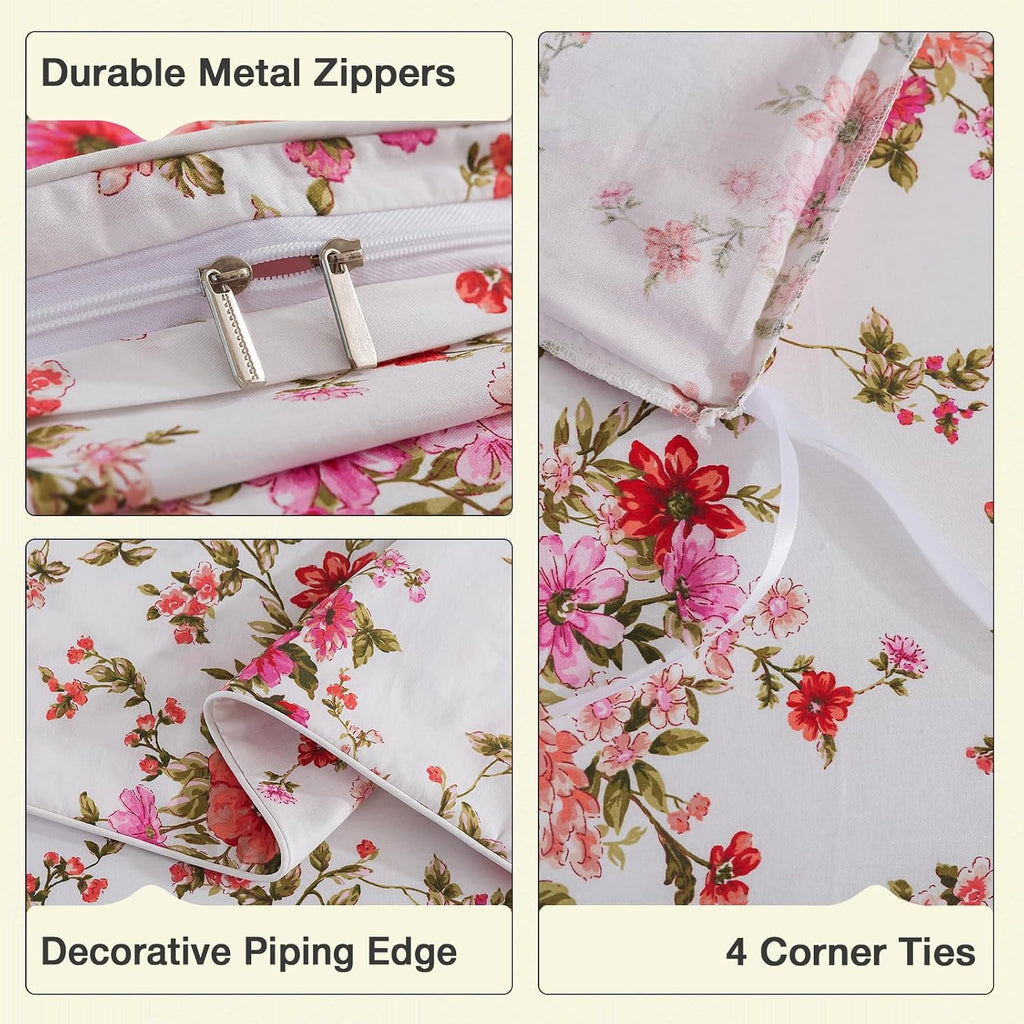 Puralens Pink Floral Boho Duvet Cover Queen Size 100% Cotton 3Pcs Set, White Percale Reversible Shabby Red Flower Print Chic Duvet Covers,…