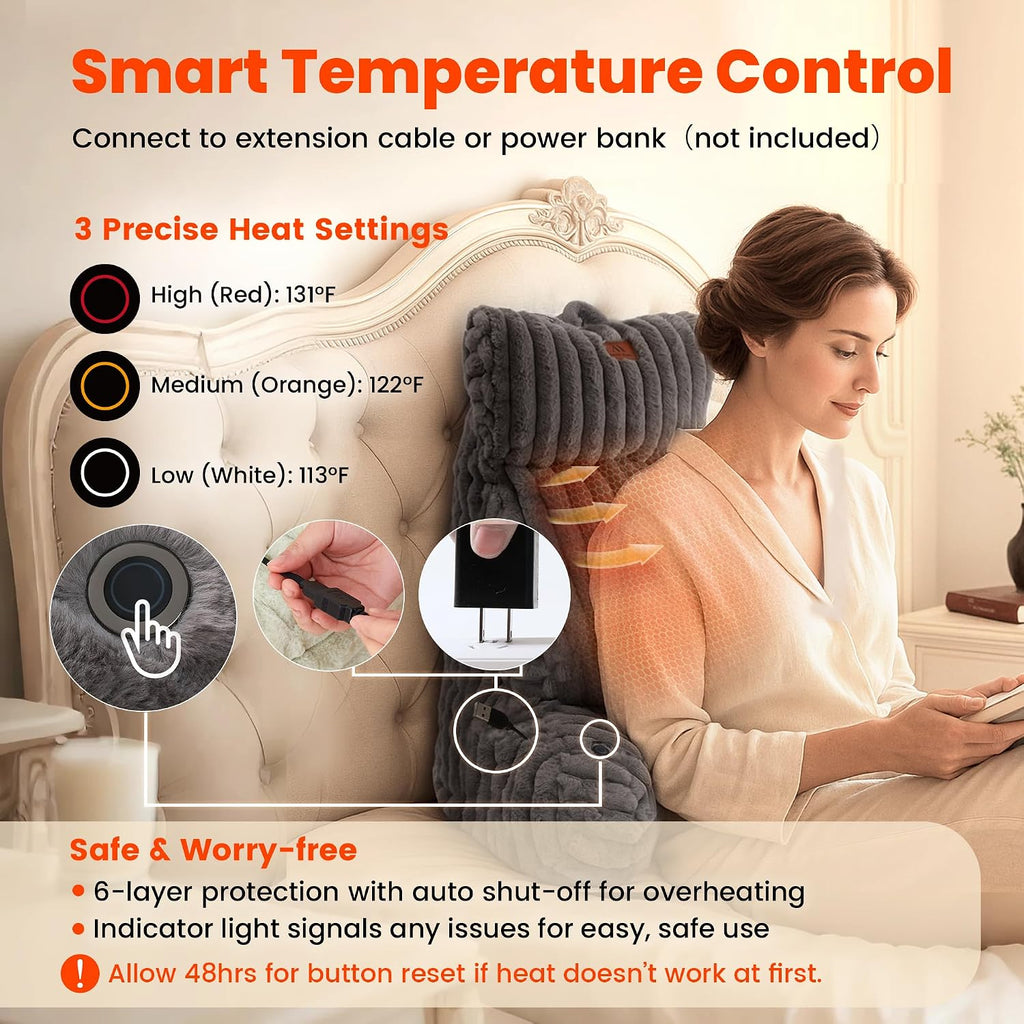 Amélie Home Heated Faux Fur Reading Pillow 3 Temperature Backrest for Sitting in Bed Support Cushion, USB-Powered(No Power Bank Included)…