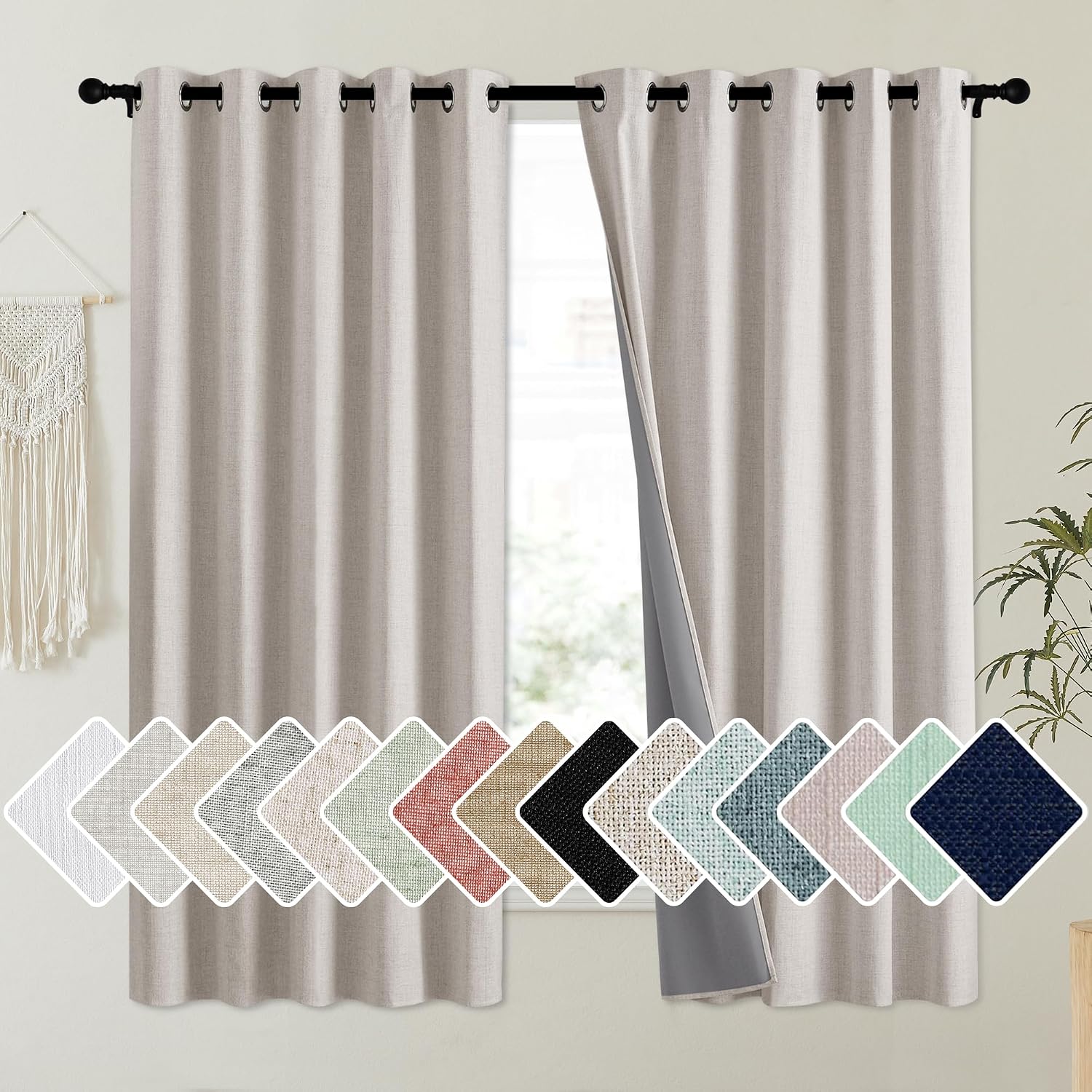 NICETOWN Brich Vintage Open Linen Weave Flax Thermal Curtains, 100% Blackout Curtains 63" Long for Dining Room, Soundproof Window…
