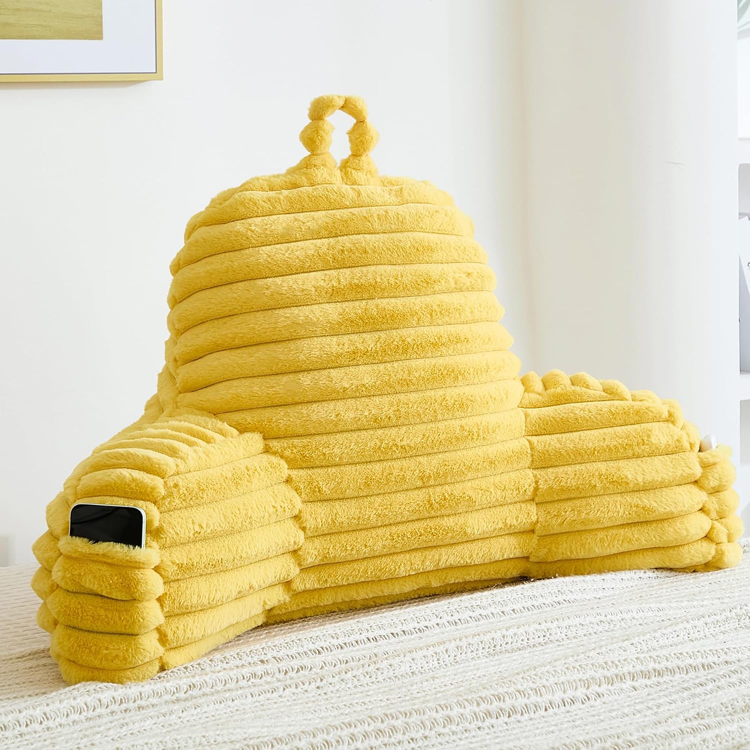 Memfydu Faux Fur Fluffy Yellow Reading Pillow with Pockets, Luxury Striped Plush Decorative, Arm Rests and Back Support for Bed Rest, Loung…