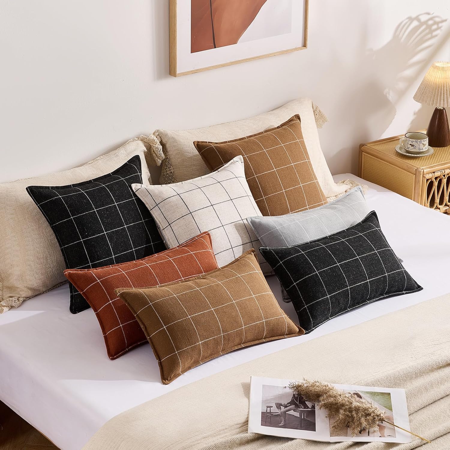 Farmhouse Dark Brown Plaid Throw Pillow Covers 20x20 Set of 2, Brown Boho Decor 20 x 20 Check Pillow Covers, Modern Farmhouse Tan Plaid…