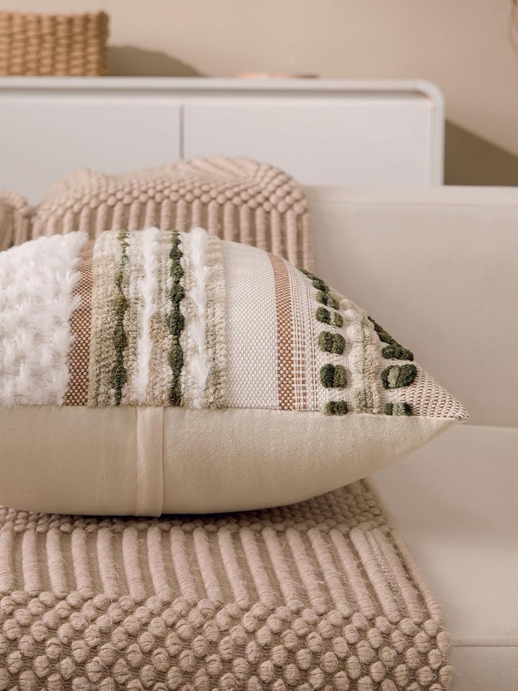 Boho Chenille Tufted Couch Throw Pillow Covers 18x18 Inch Set of 2 Farmhouse Striped Decorative Pillow Covers Accent Neutral Square…