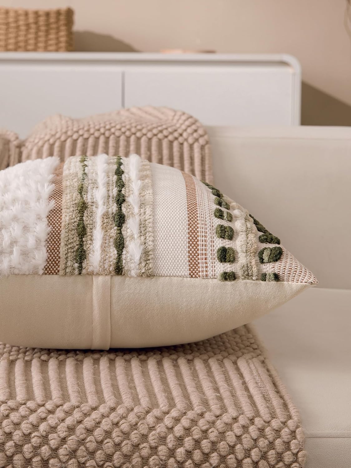 Boho Chenille Tufted Couch Throw Pillow Covers 18x18 Inch Set of 2 Farmhouse Striped Decorative Pillow Covers Accent Neutral Square…