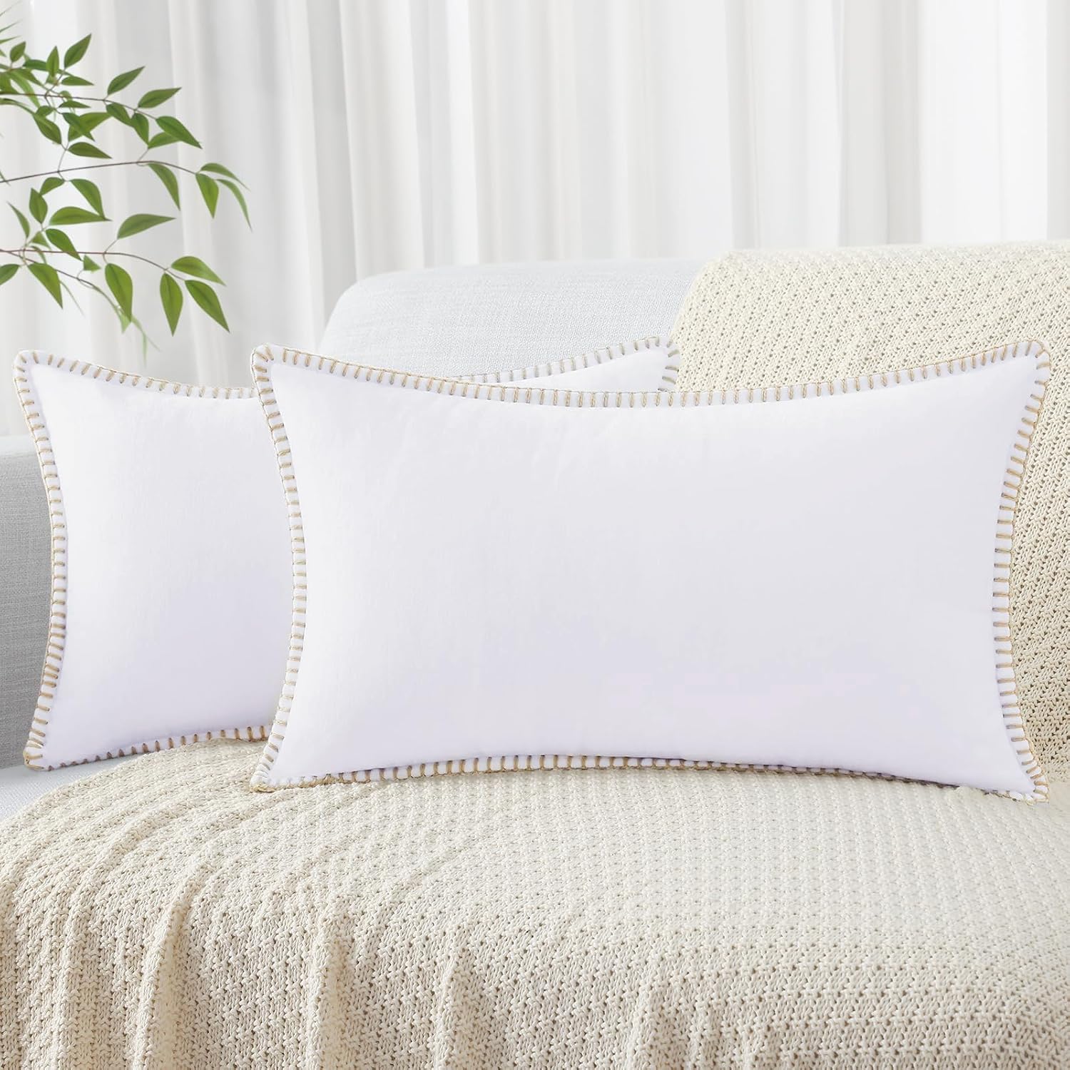 decorUhome Summer Chenille Soft Cozy Throw Pillow Covers 12x20 Set of 2, Modern Farmhouse Boho Velvet Decorative Pillow Cases with Stitched…