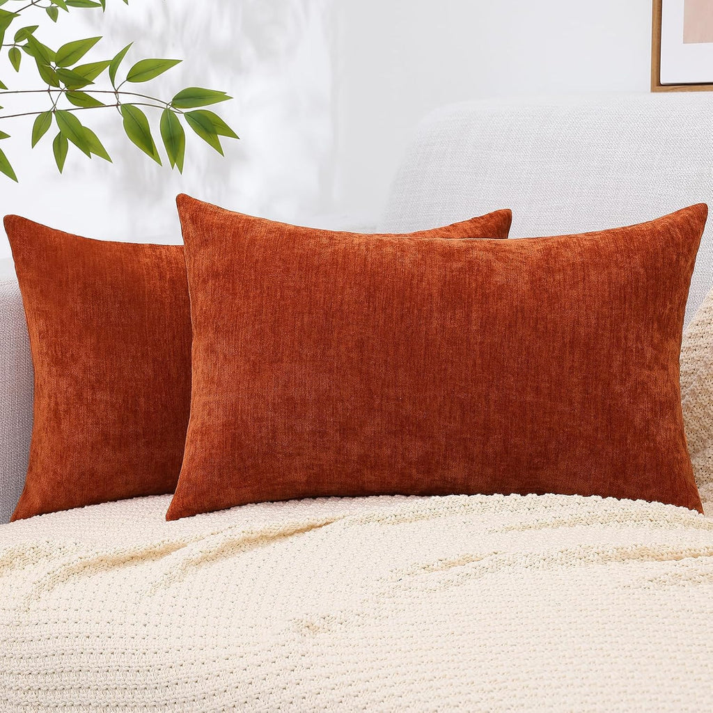 decorUhome Chenille Rust Throw Pillow Covers 12x20 Inch Set of 2, Decorative Soft Couch Pillow Covers Solid Dyed Accent Farmhouse Neutral R…
