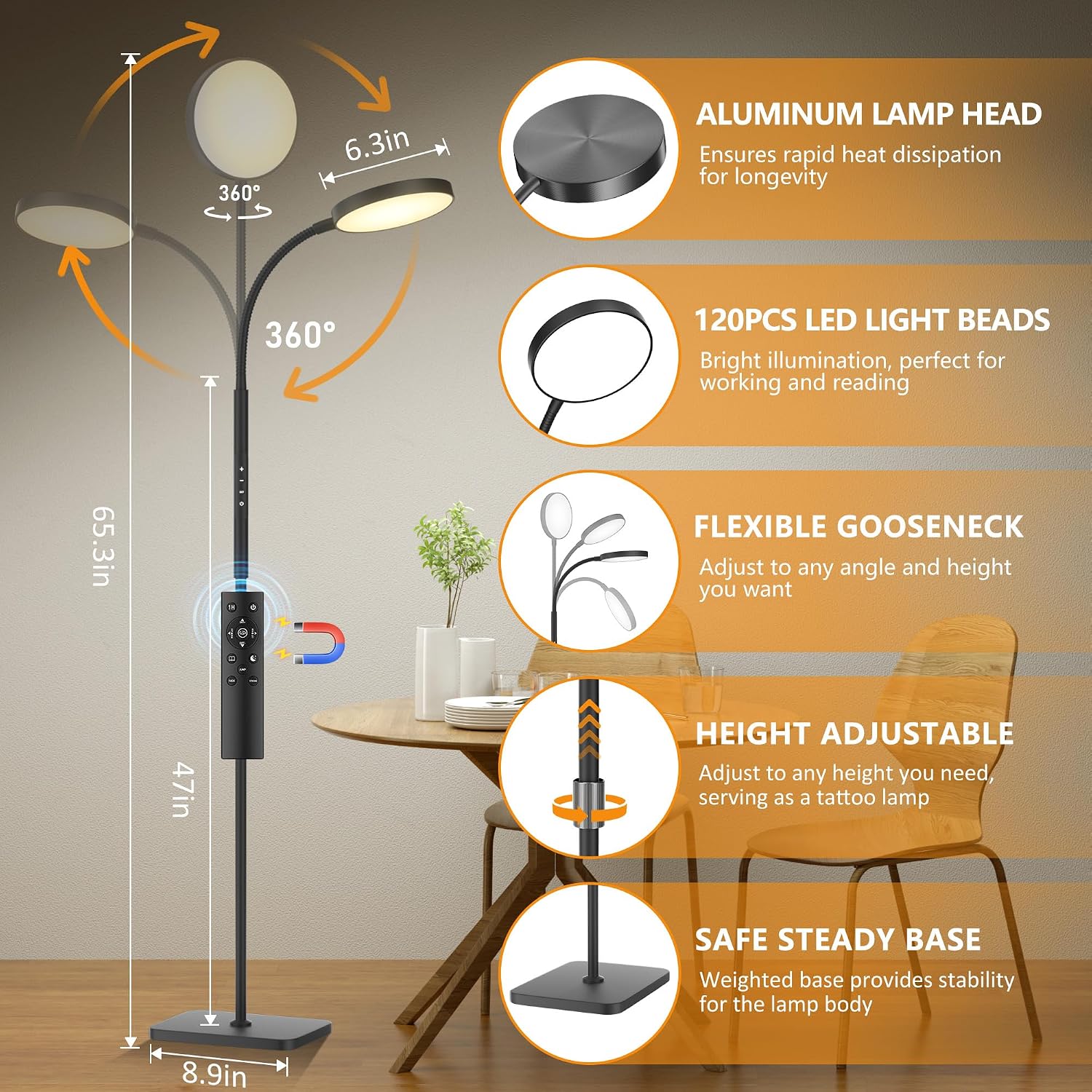 PACOVY Floor Lamp, Adjustable Height Floor Lamps for Living Room Bedroom, 120 LED Super Bright Standing Lamp Remote Control Dimmable…