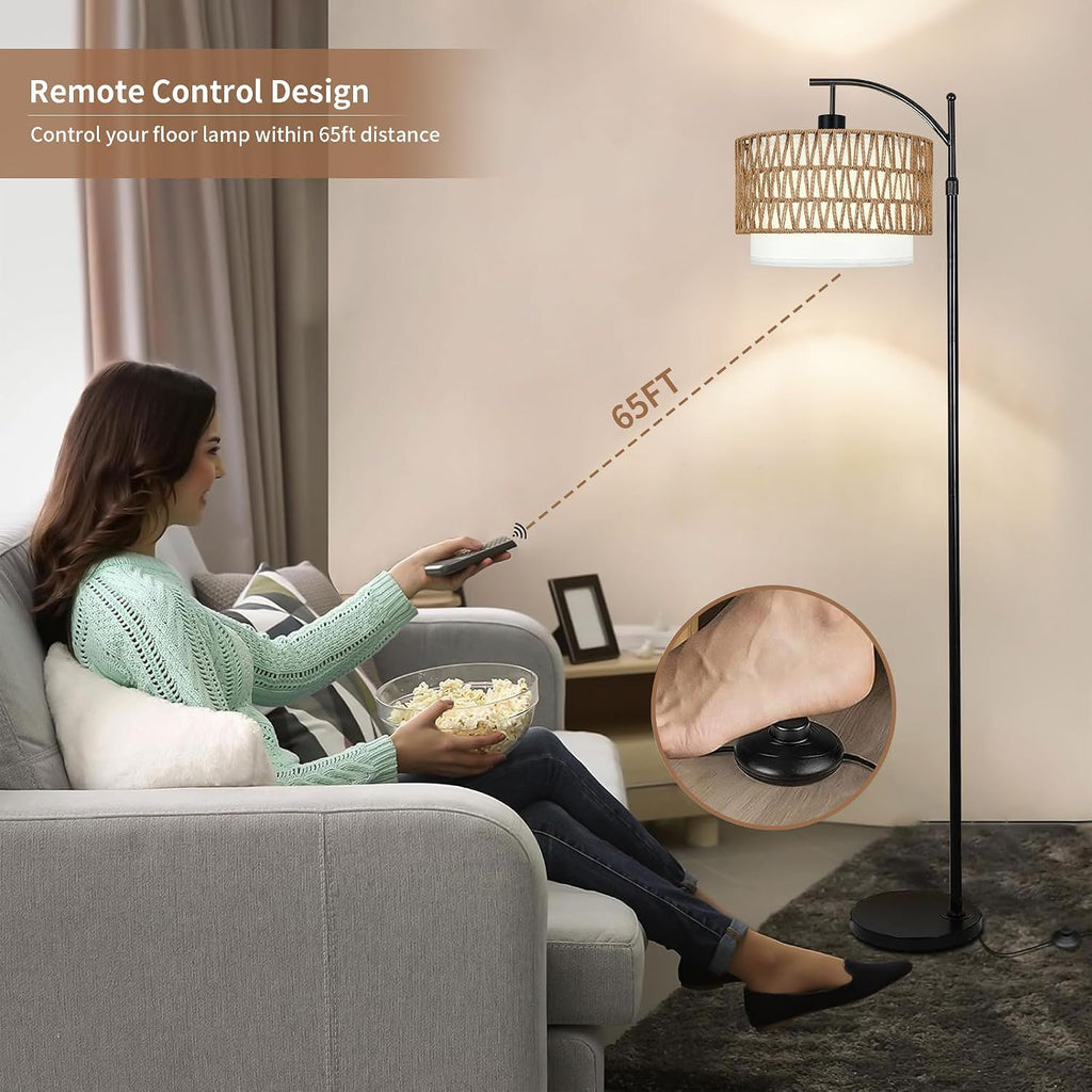 ZECOXOL Arc Floor Lamp with Table and Shelves, Rattan Boho Floor Lamp with Remote Control, Rustic Floor Lamps for Bedroom Wicker Standing…