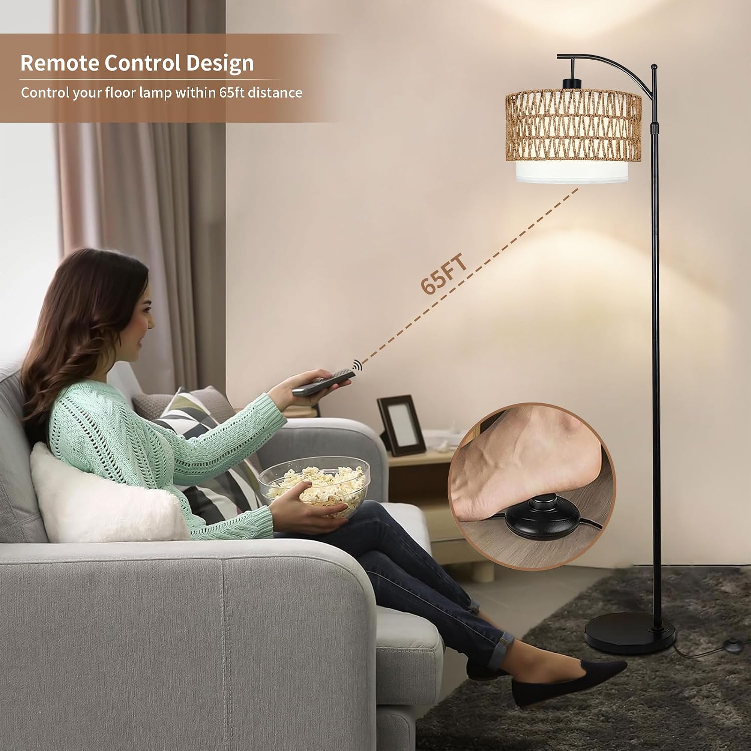 ZECOXOL Arc Floor Lamp with Table and Shelves, Rattan Boho Floor Lamp with Remote Control, Rustic Floor Lamps for Bedroom Wicker Standing…