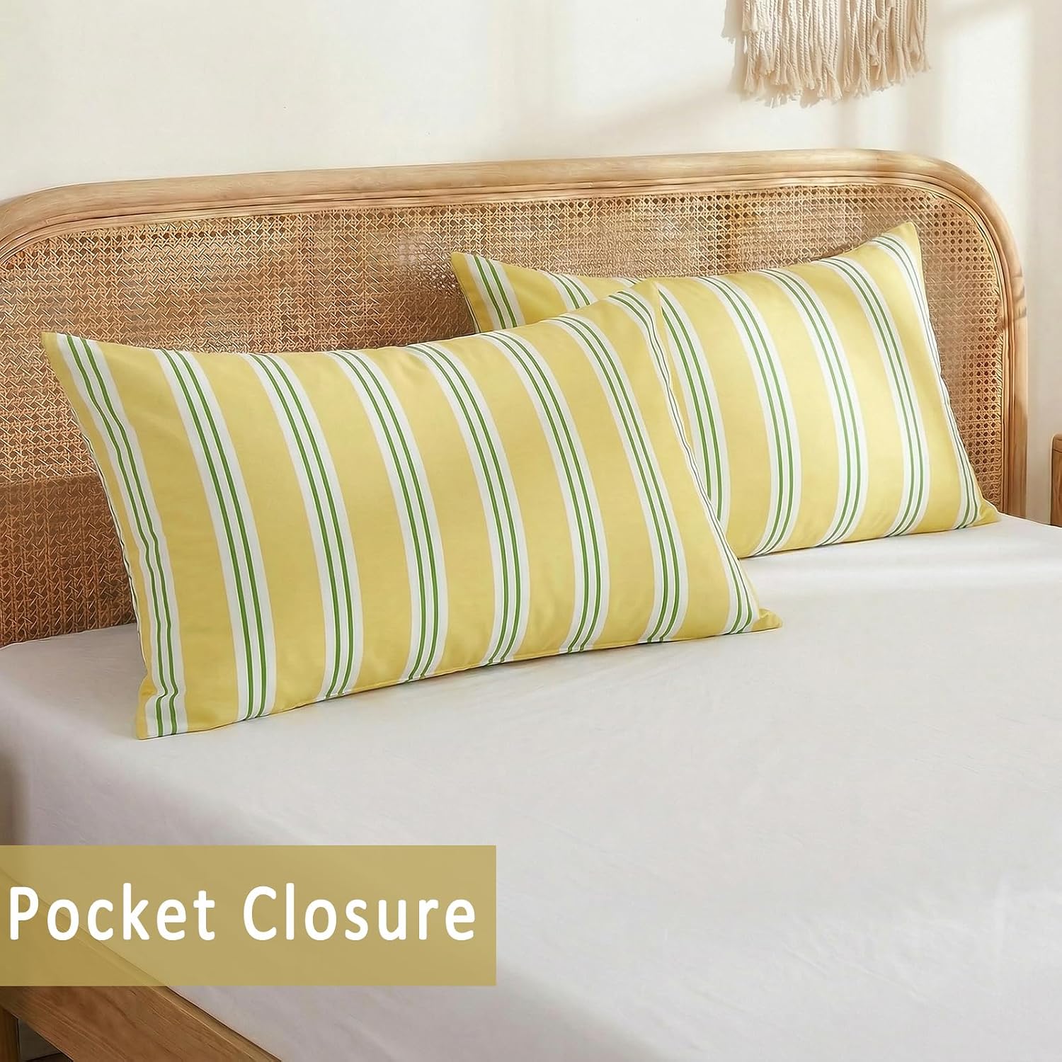 Merryword Standard Size Pillowcases, 100% Cotton Pillow Cases, Yellow and Green Striped Pillowcases, Soft Breathable Ribbon Stripe Pillow C…