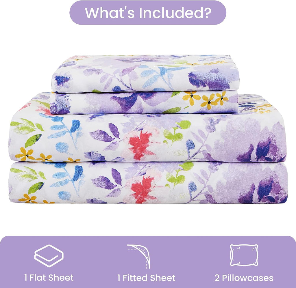 mooreeke Floral Queen Sheets, Soft Breathable Microfiber Vintage Printed Bed Sheet Set, Deep Pocket Non-Slip Fitted Sheet Included, Purple…