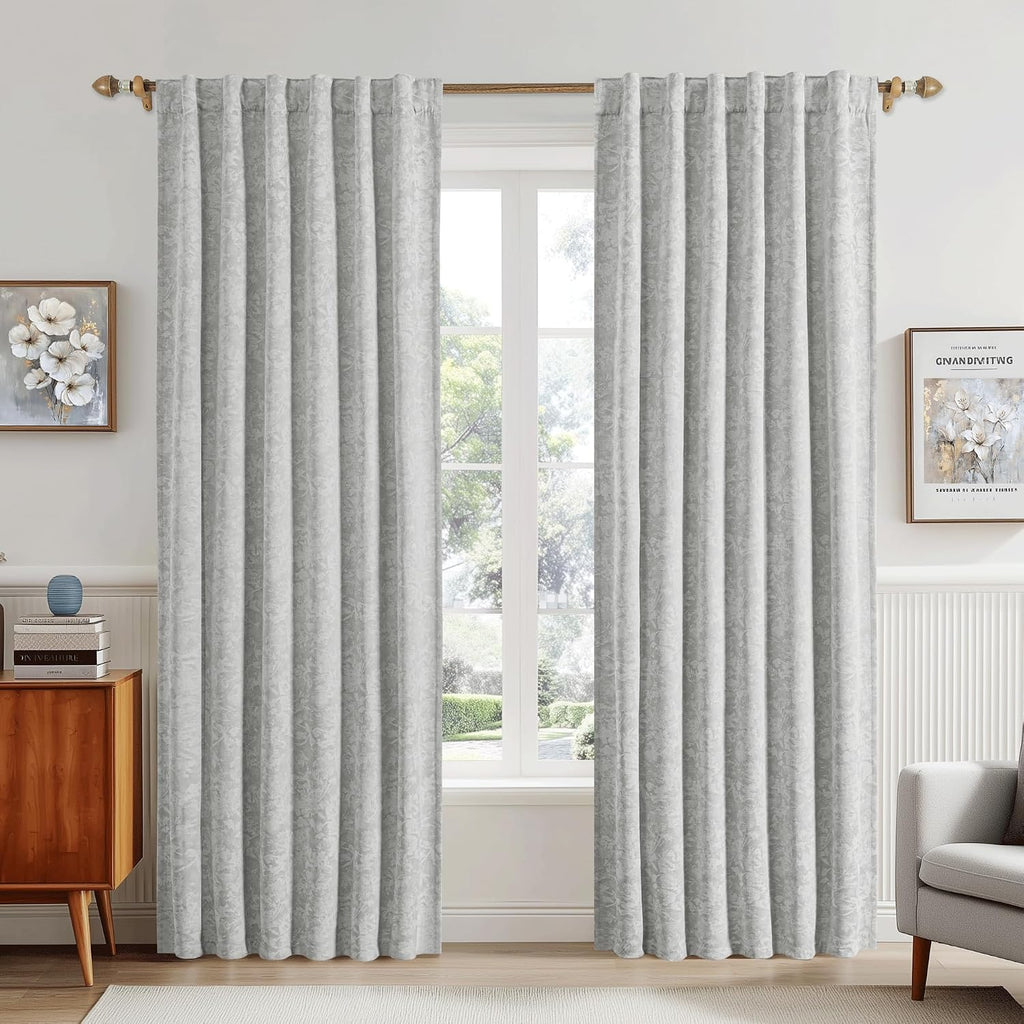 Beauoop Grey Floral Jacquard Blackout Curtains 72 Inches Long 2 Panels for Bedroom Living Room Chenille Flower Room Darkening Thermal…