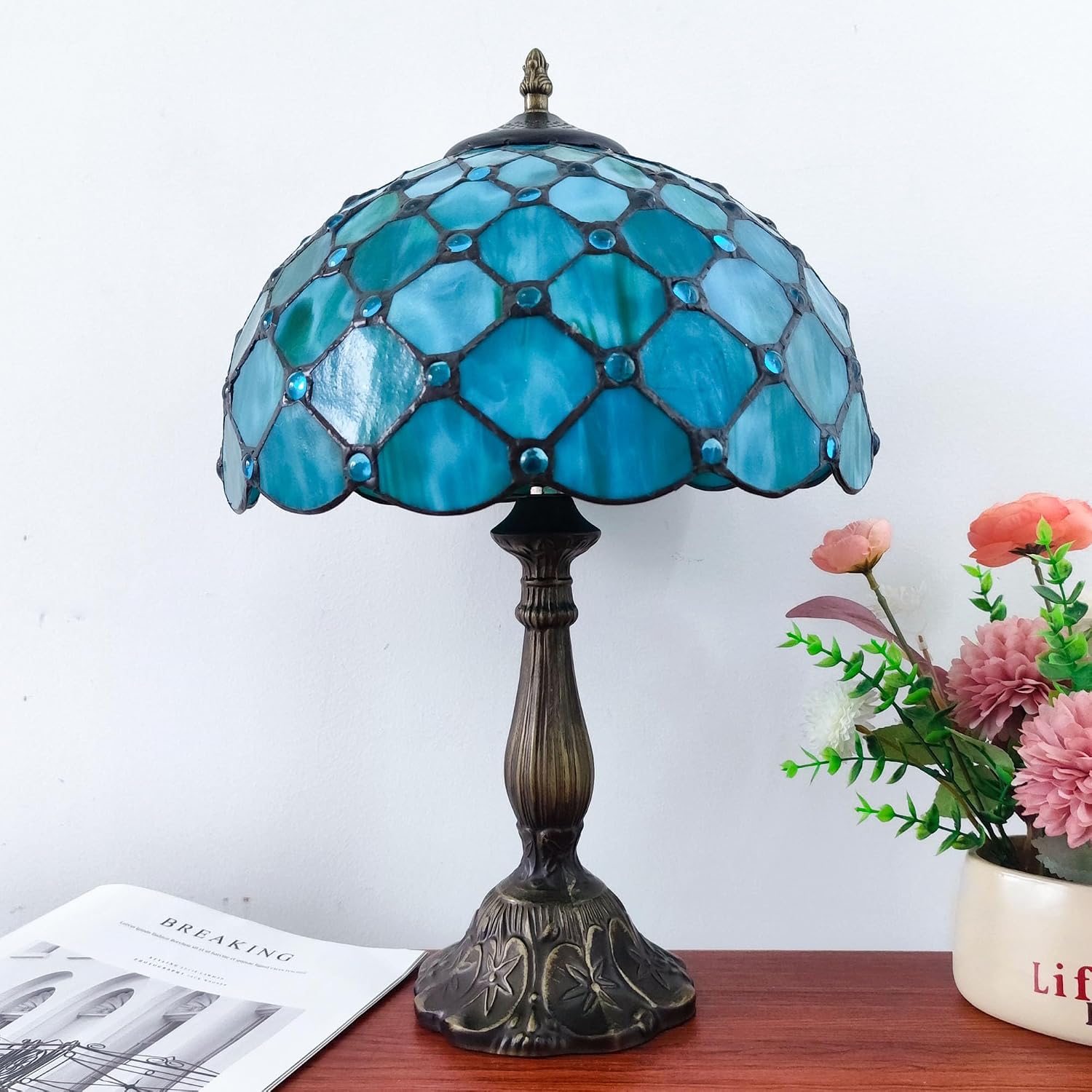 Tiffany Lamp Stained Glass Table Lamp Antique Bedside Desk Reading Light 3-Way Color LED Living Room Nightstand Light 12X12X19 Inches…