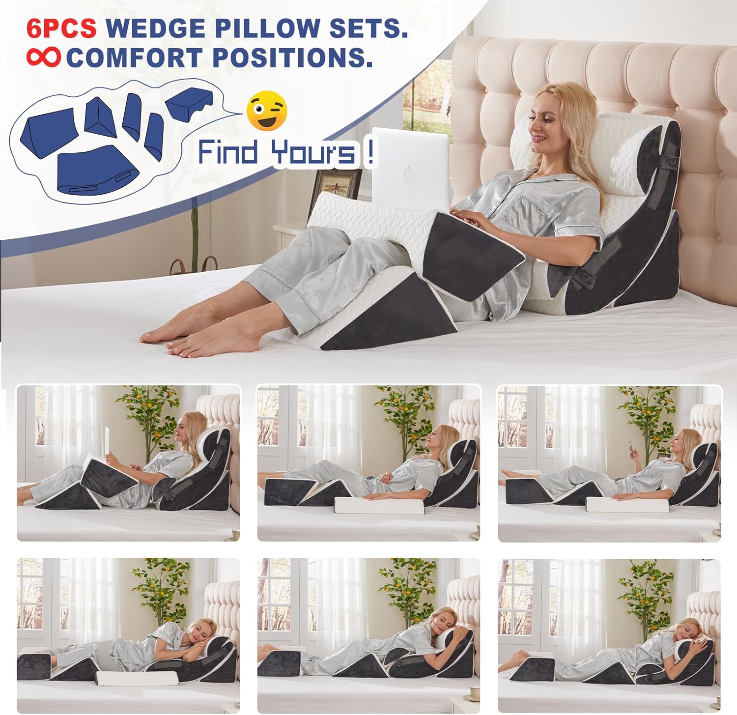 WSOFRLAC 6PCS Multi-Functional Bed Wedge Pillow Kit - 7-in-1 Orthopedic Support for Back/Neck/Legs, Post Surgery Recovery & Sitting Up in…