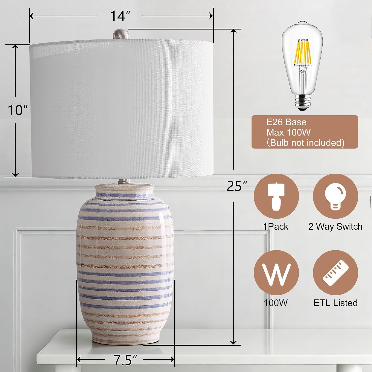 Maxax Modern Ceramic Table Lamp for Bedroom, 25" White Bedside Lamp for Living Room, Farmhouse End Table Lamp with White Farice for…