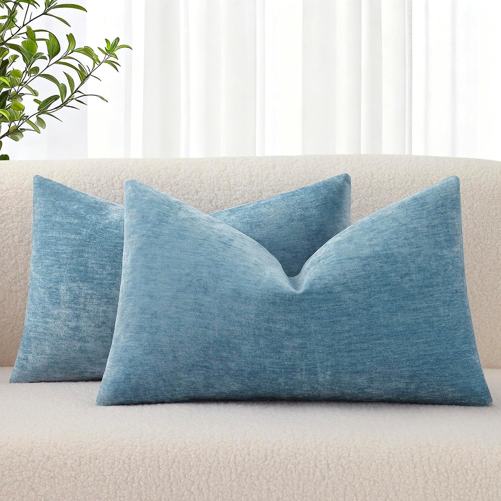decorUhome Chenille Grey Blue Throw Pillow Covers 12x20 Inch Set of 2, Decorative Soft Couch Pillow Covers Solid Dyed Accent Farmhouse Neut…