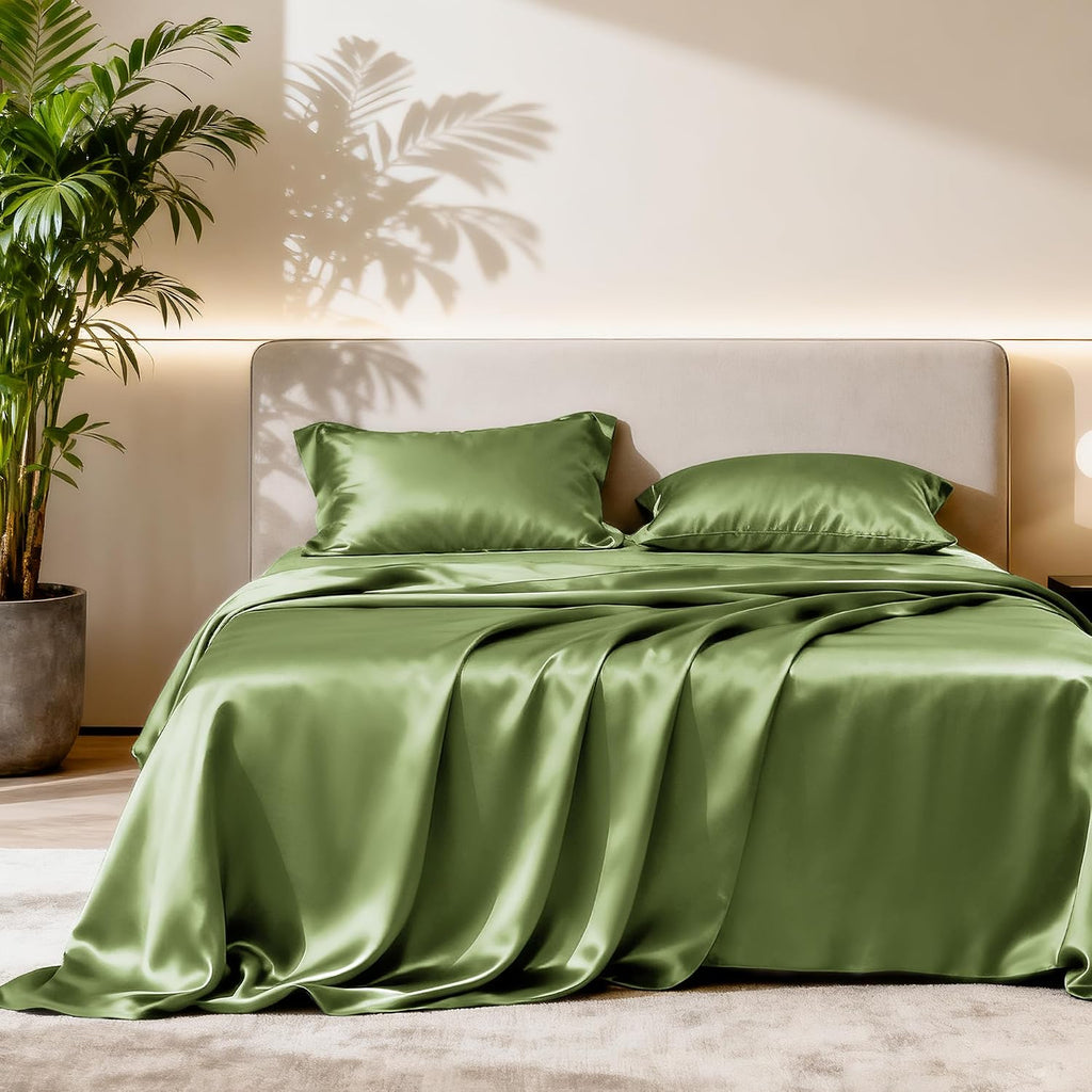 Lovescabin Love's cabin California King Satin Sheet Sets - 4 Piece Sage Silky Sheets Bed Set with Deep Pocket, Luxury Silk Feel Satin Cal K…
