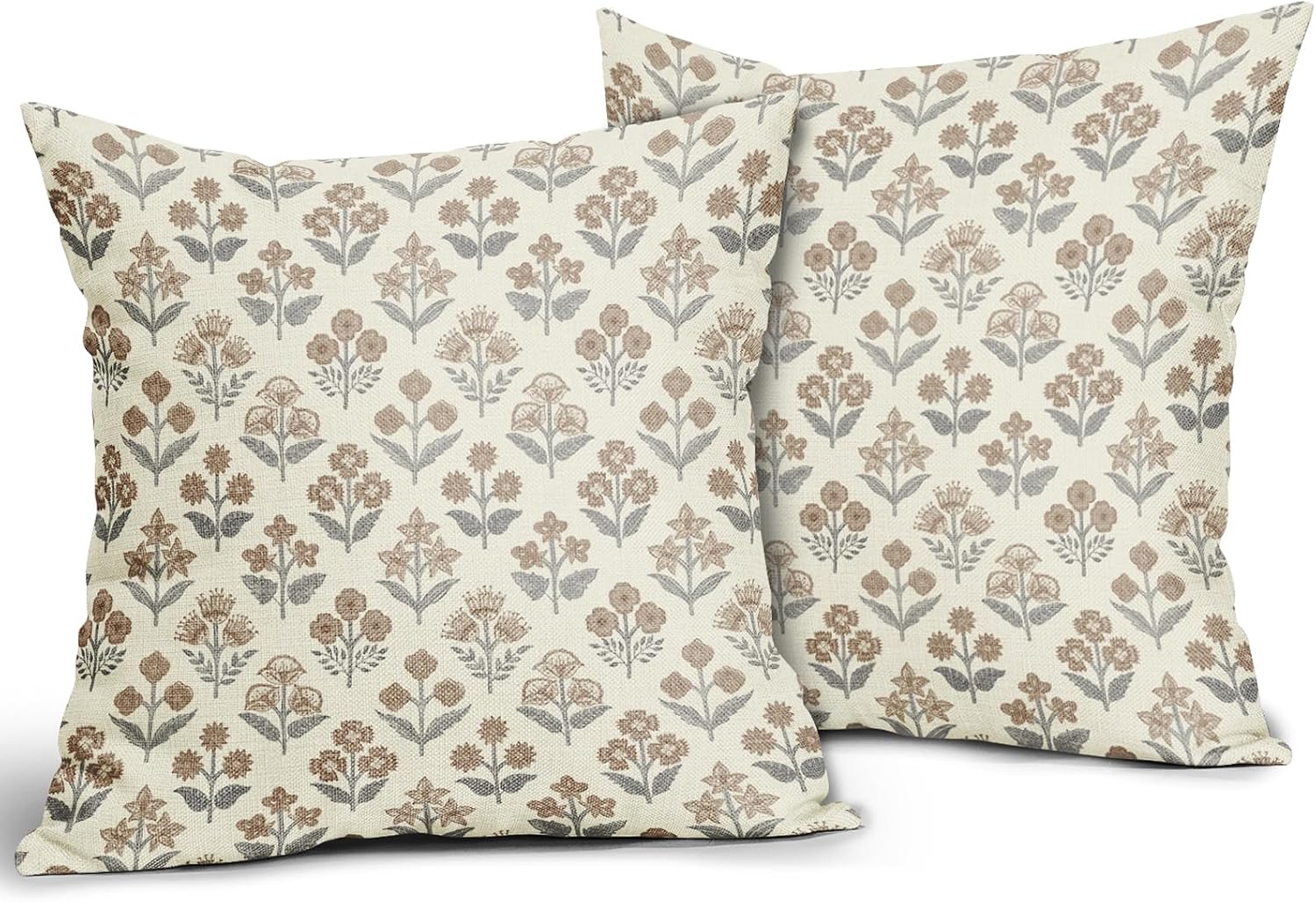 Brown Grey Gray Floral Block Print Pillow Covers 18x18 Inch Set of 2, Vintage Flower Pattern Decorative Throw Pillowcases Outdoor…