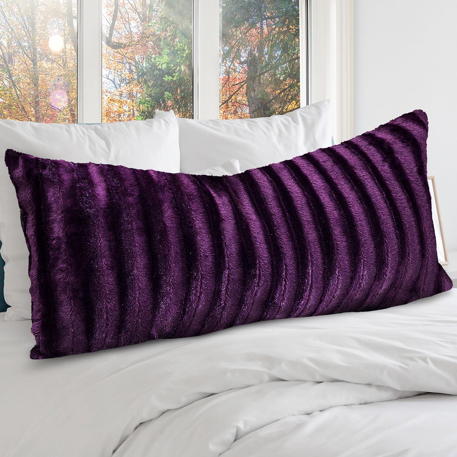 Cheer Collection Faux Fur Long Body Pillow - Accent Throw Pillow for Bed and Couch - Decorative Lumbar Pillow with Insert, Purple (18" x…