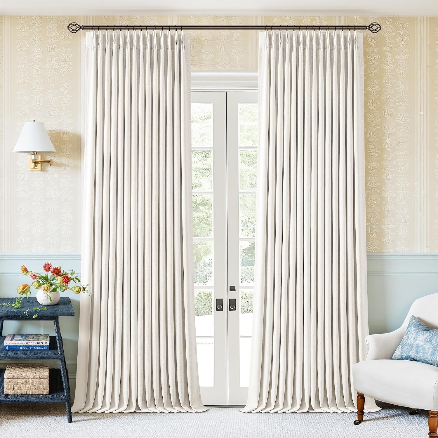Twodrapes Ivory Beige Pleated 100% Blackout Linen Curtains 90 Inches Long for Bedroom Living Room Memory Trained Pinch Pleat Back Tab Black…