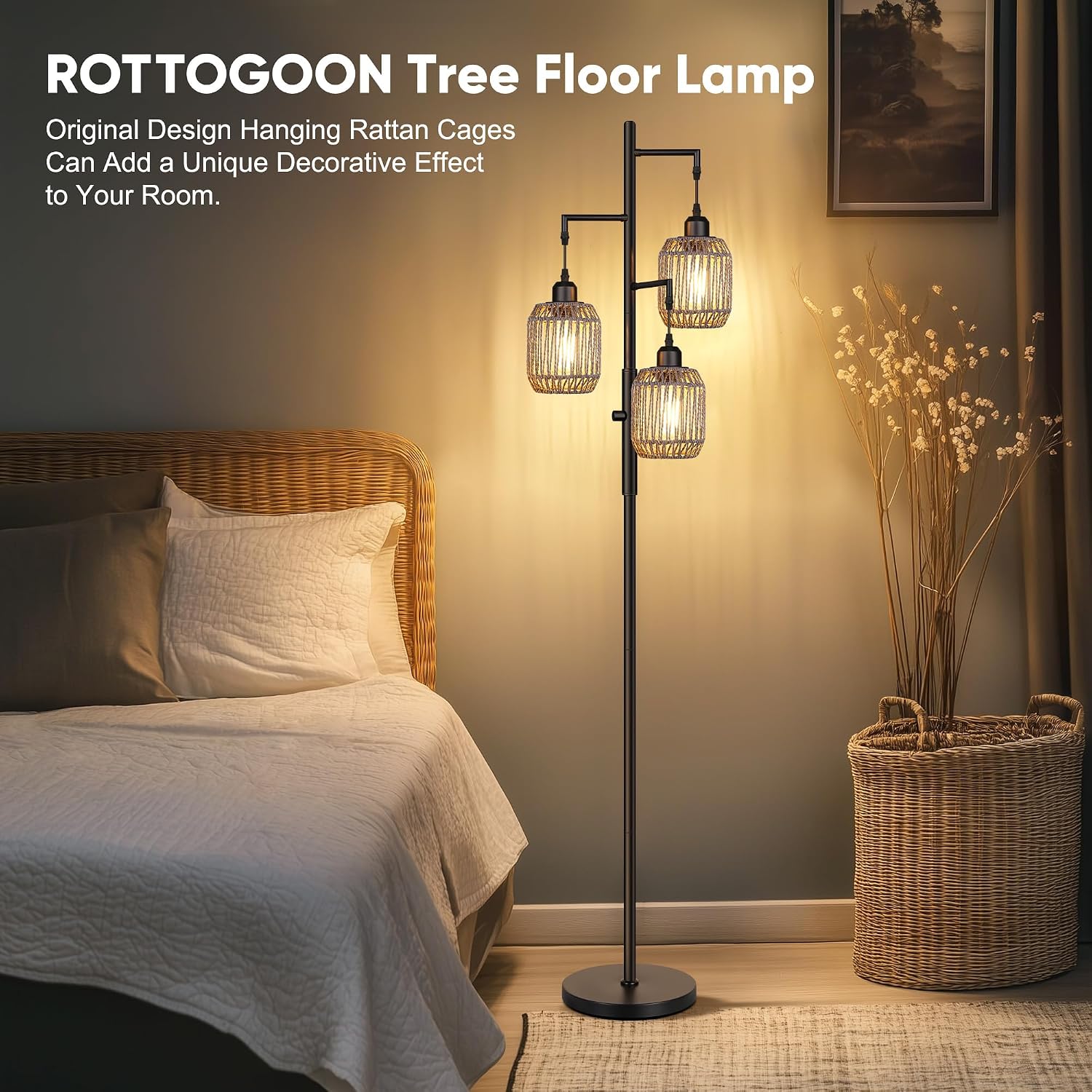 ROTTOGOON Dimmable Boho Floor Lamp - 3 Light Farmhouse Rattan Floor Lamp for Living Room, Industrial Tree Floor Lamps with 3 X 6W LED…