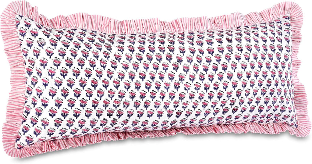 Cottonprintclub CPC Hand Block Print Pink Sapphire Ruffle Sham Pillow Cover 36" x 14" inch Hidden Zipper Decorative Pillowcase for Couch, B…