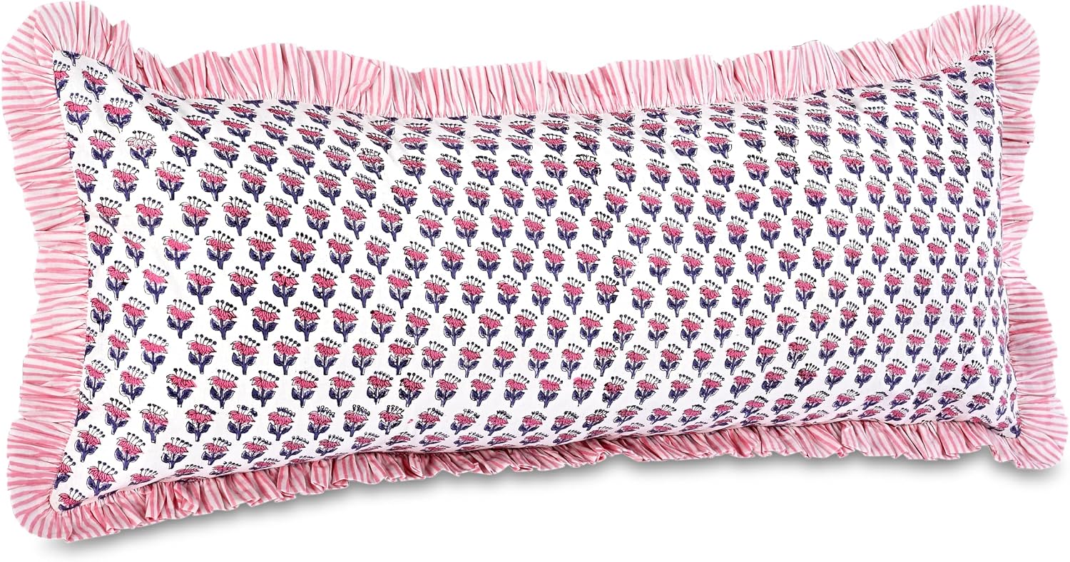 Cottonprintclub CPC Hand Block Print Pink Sapphire Ruffle Sham Pillow Cover 36" x 14" inch Hidden Zipper Decorative Pillowcase for Couch, B…